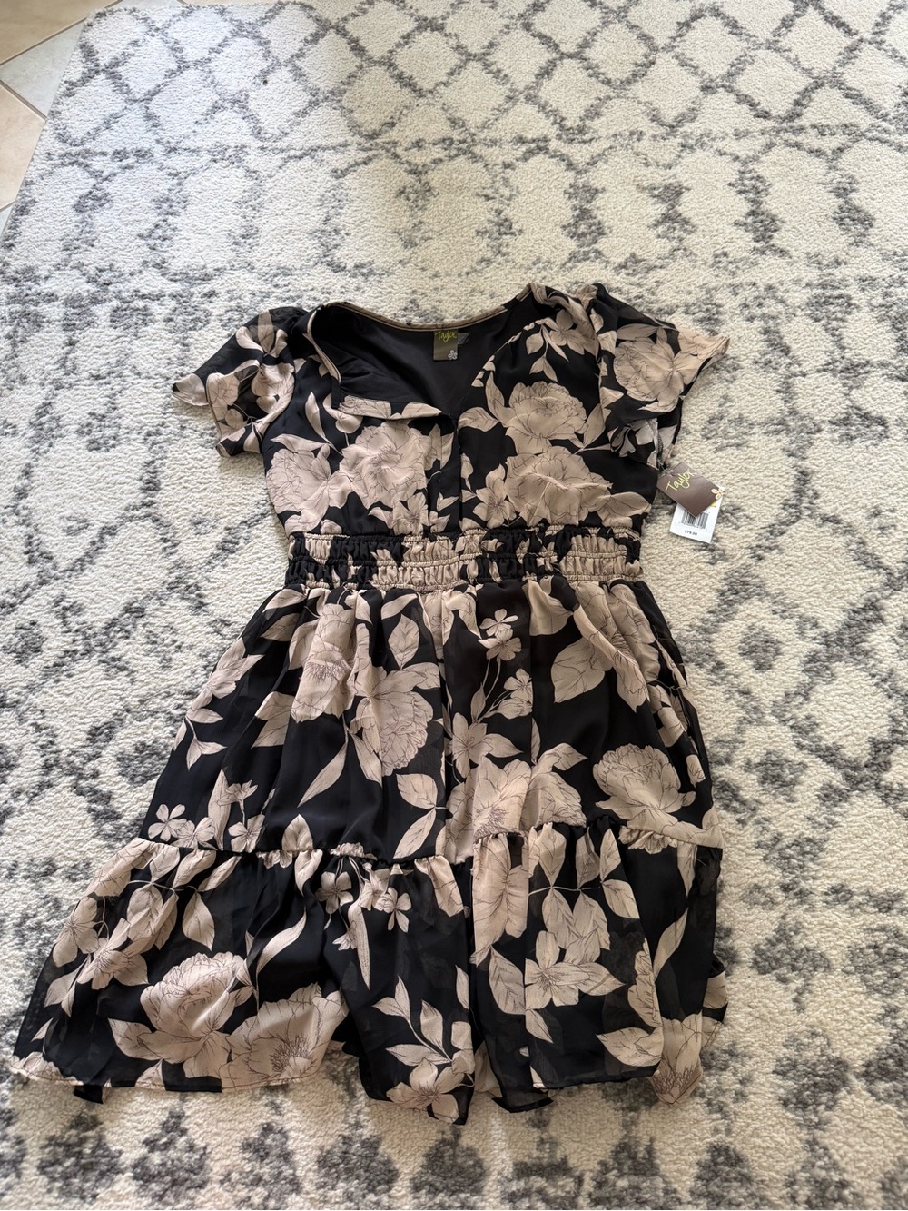 Taylor Black Dress with Beige Floral Print